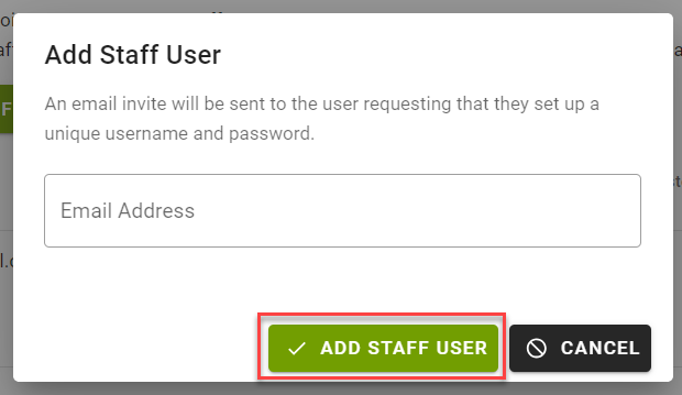 Add Staff User" dialog box with email field.