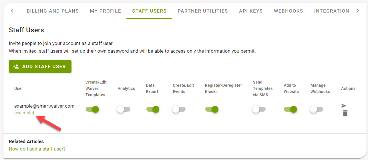 Staff user settings interface with toggles.