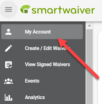 Smartwaiver menu with My Account highlighted.