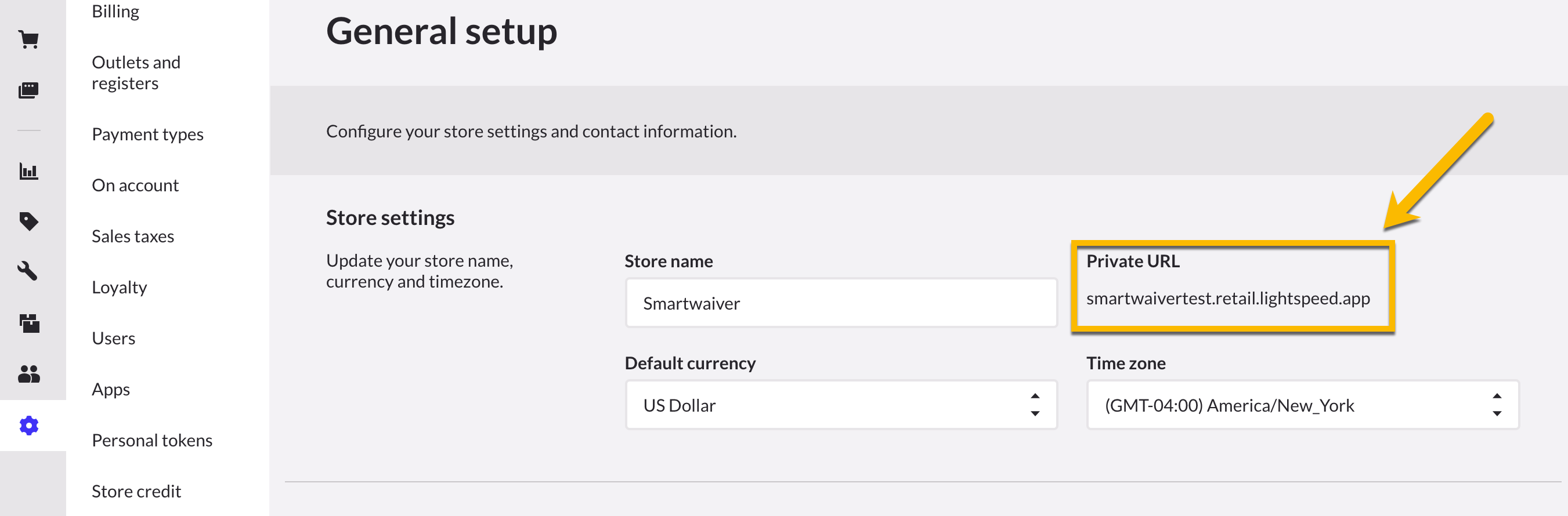 General setup page with store settings.
