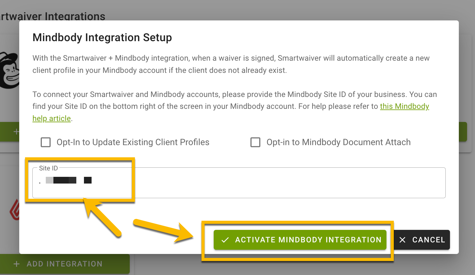 Mindbody Integration Setup screen