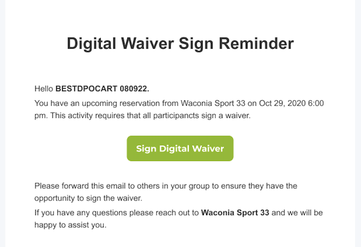 Digital Waiver Sign Reminder email