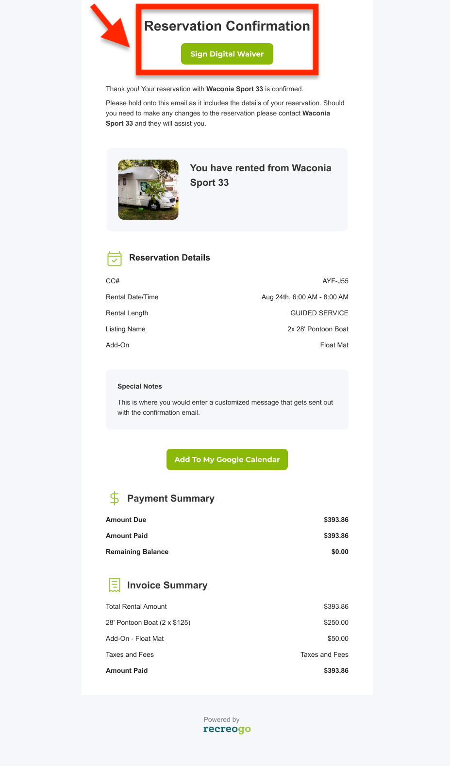 Reservation confirmation email details.