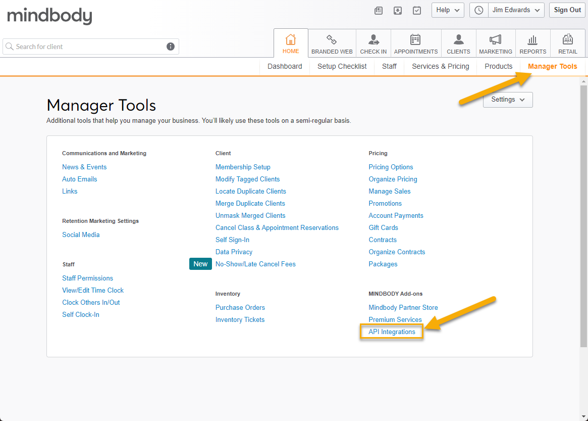 Manager Tools page with API Integrations highlighted.