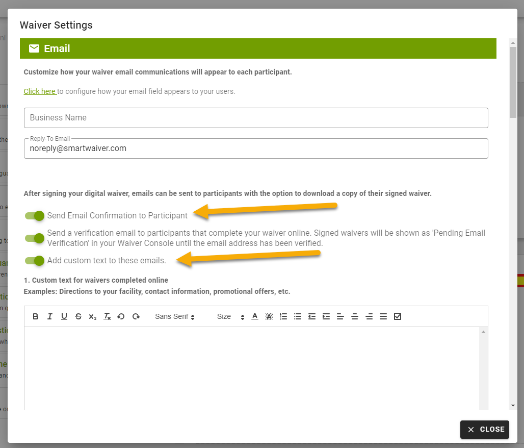 Waiver email settings interface screenshot.