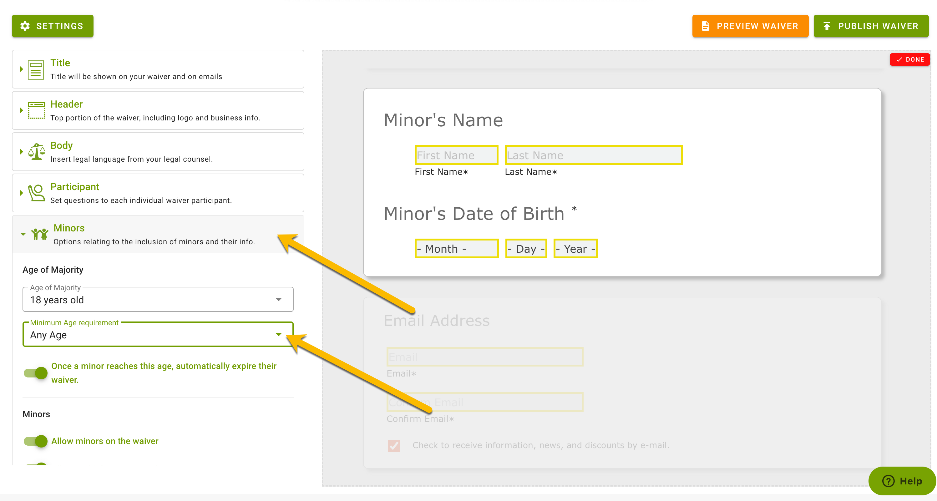 Waiver form settings for minors' information.