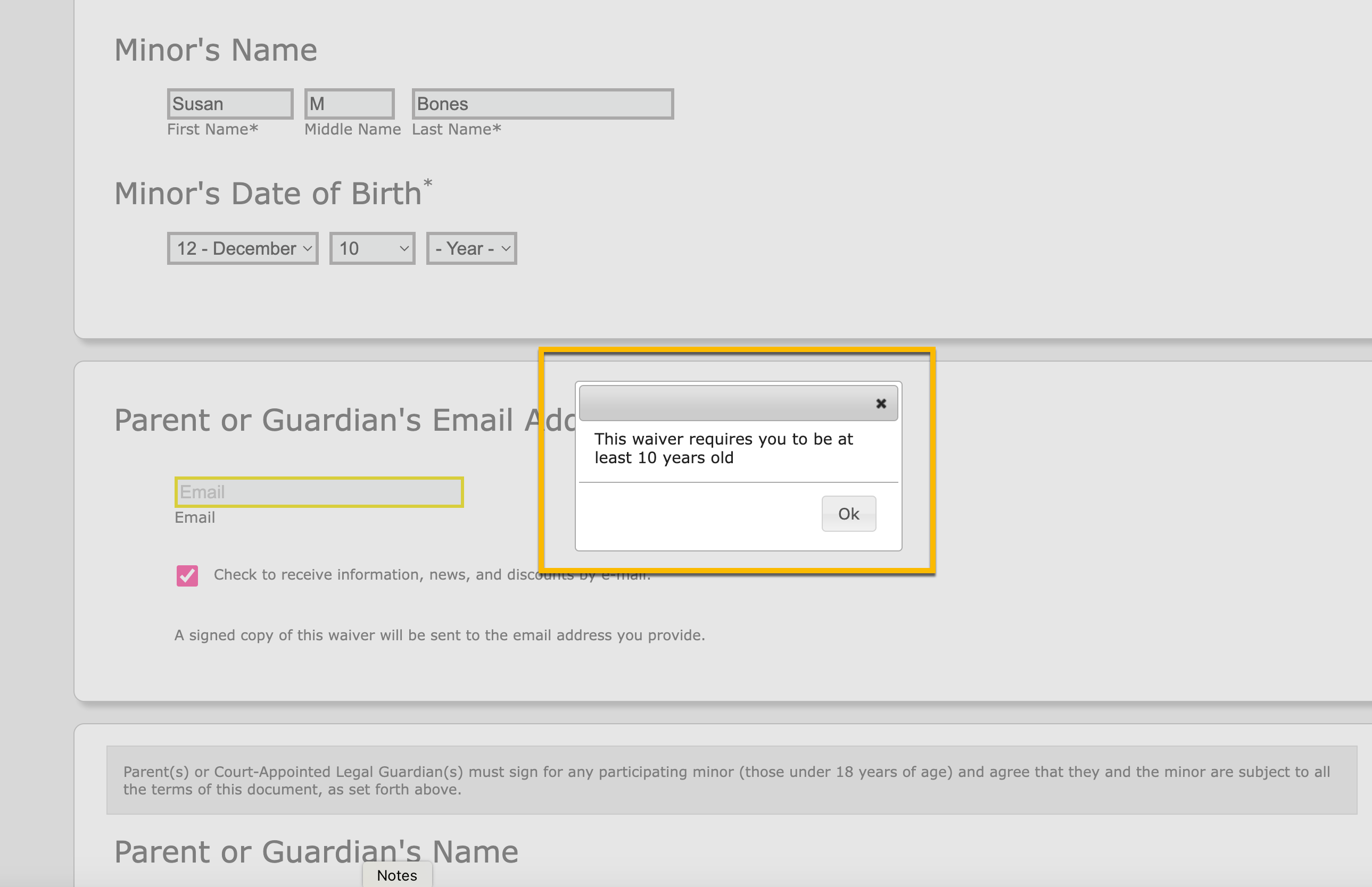 Waiver requires age 10 or older alert.