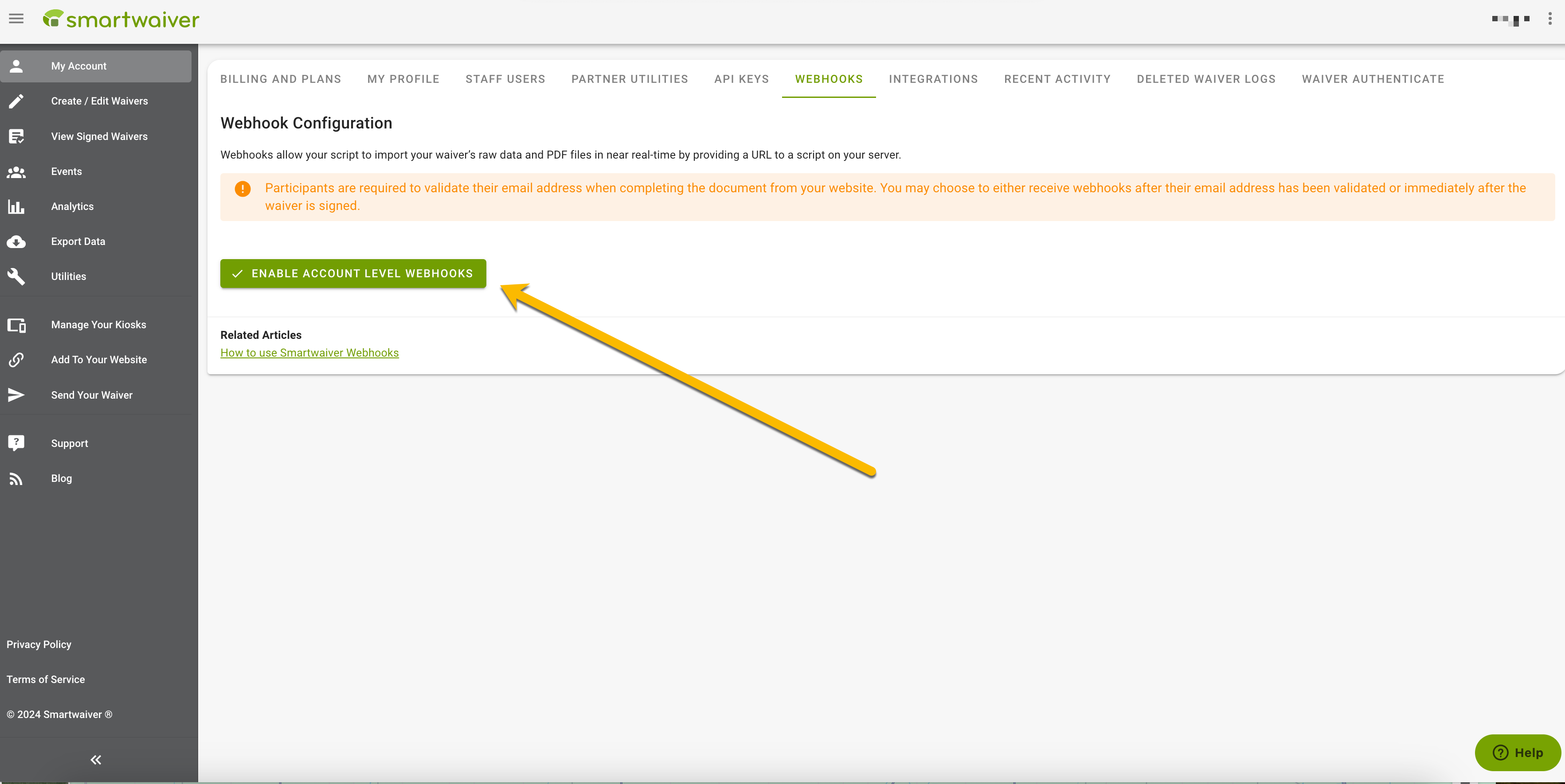 Enable account level webhooks button.