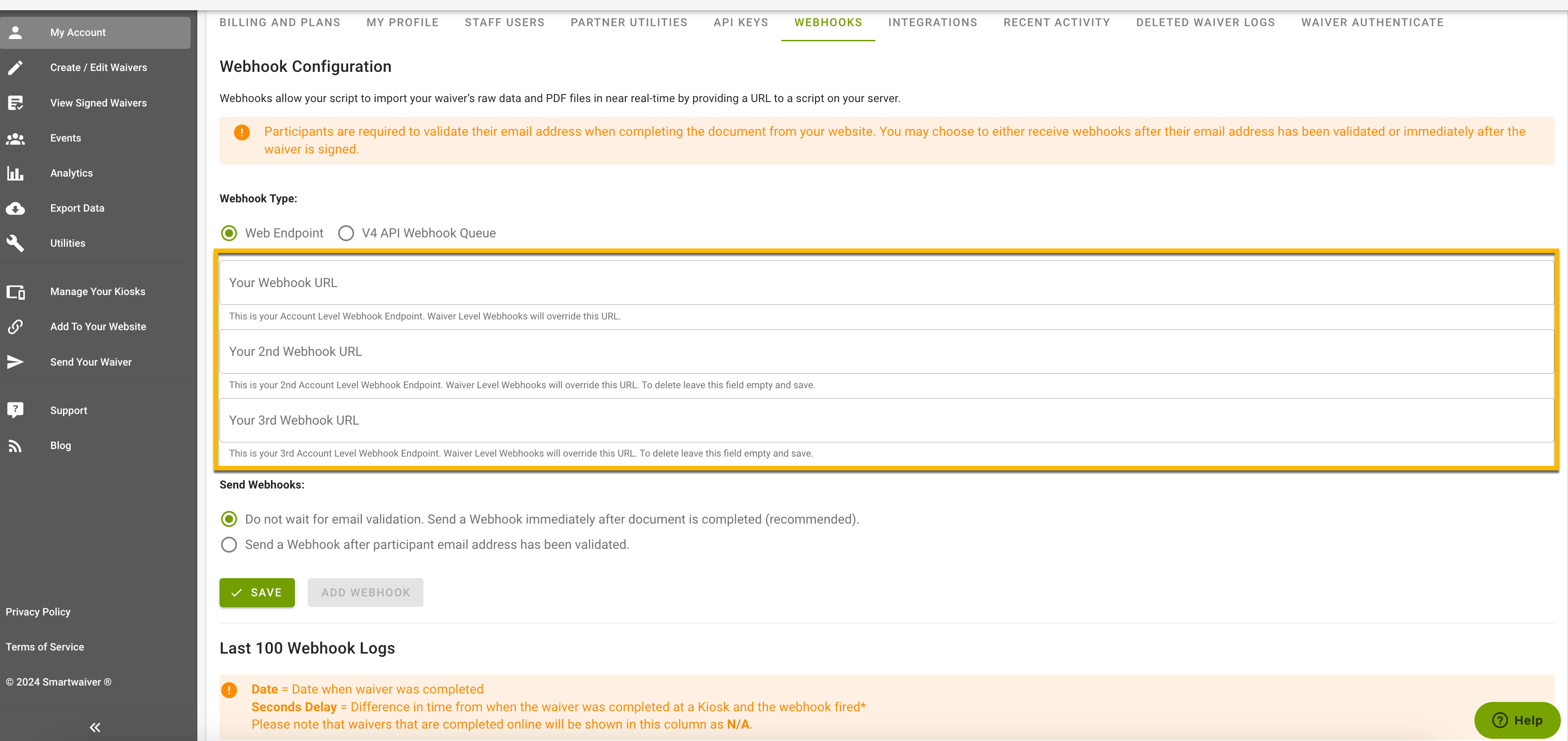 Webhook configuration settings page