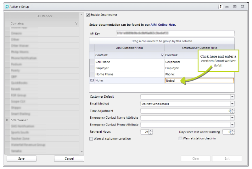 Smartwaiver setup screen with custom field entry.