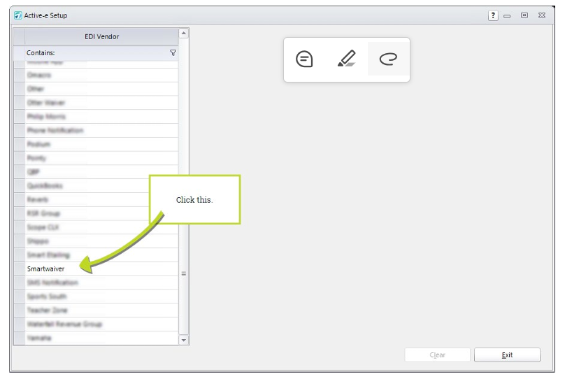 Software interface with vendor list and arrow.