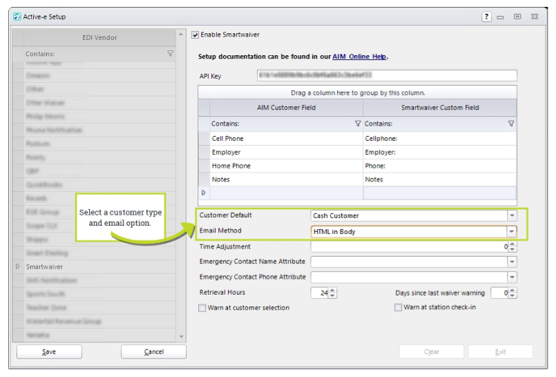 Software setup screen with customer options.