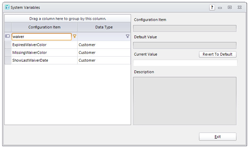 System Variables configuration window
