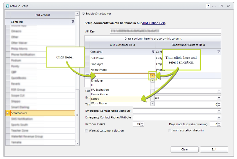 Smartwaiver setup interface with dropdown menu.