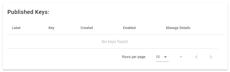 No keys found" message on a table.
