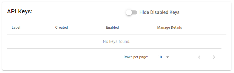 API Keys management interface, no keys found.