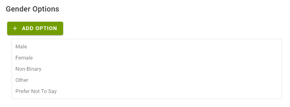 Gender options list with add button