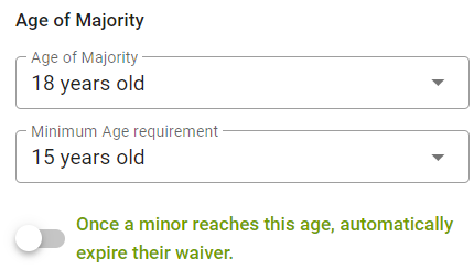 Age settings with toggle for waiver expiration.