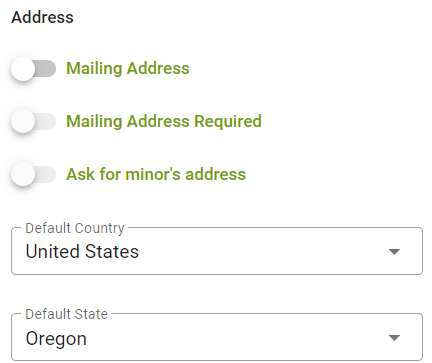 Address settings with toggles and dropdowns