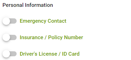 Personal info toggles: contact, insurance, ID