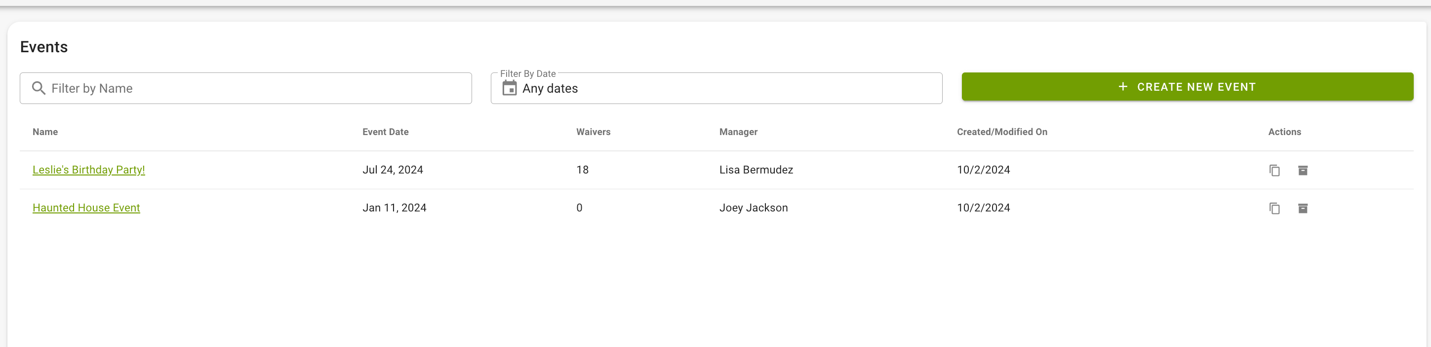 Event management dashboard with two events listed.