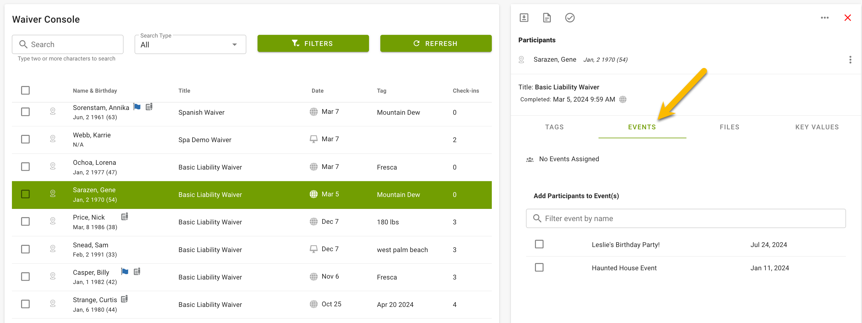 Waiver console with participant details.