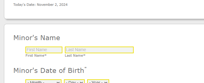 Form fields for minor's name and birth date.