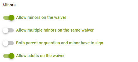 Waiver options with toggles for minors