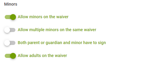 Waiver options with toggles for minors