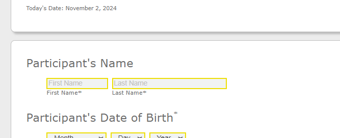 Form fields for name and date of birth.