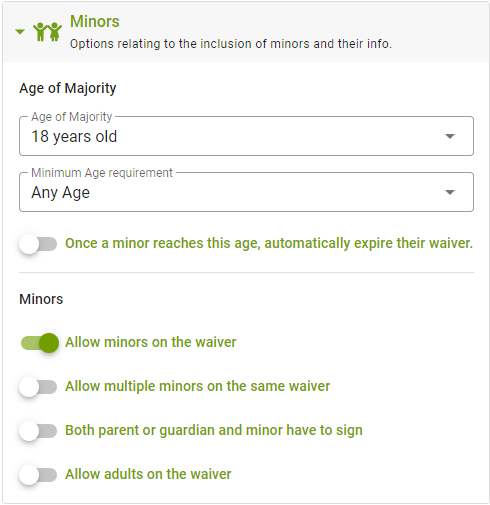Minors waiver settings options screen.