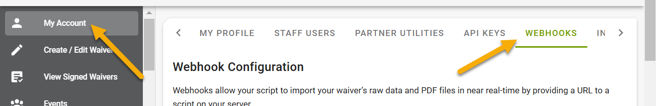 Dashboard with menu and webhook configuration
