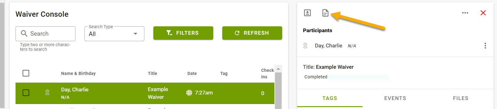 Waiver console interface with participant details.